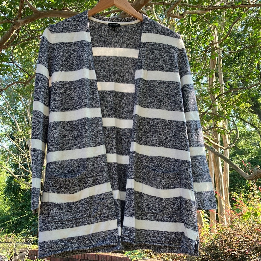 Talbots Open Front Stripe Cardigan Sweater Cotton Cashmere Blend